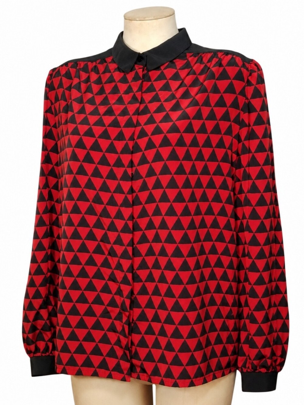 Vintage Nipon Blouse Women 14 Red Black Geometric Button Up Balloon Sleeve